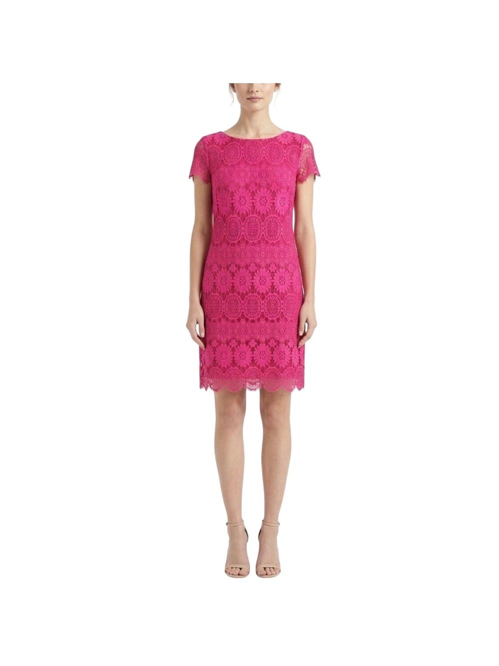 Eliza J Pink Cocktail Dress Floral Lace Short Cap Sleeve Colorful Sheath Size 8